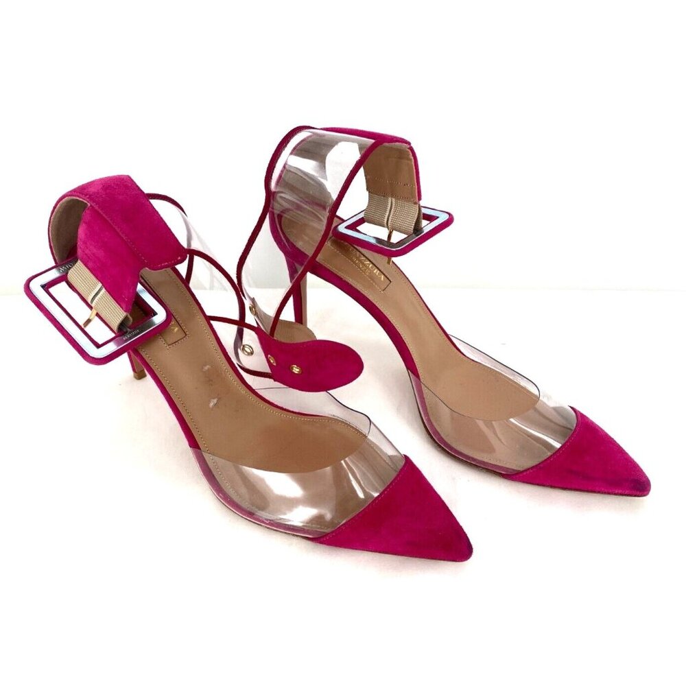 AQUAZZURA Pink Suede Nude Clear PVC Heels Ankle Wrap Shoes Pumps Heels Sz 38.5
